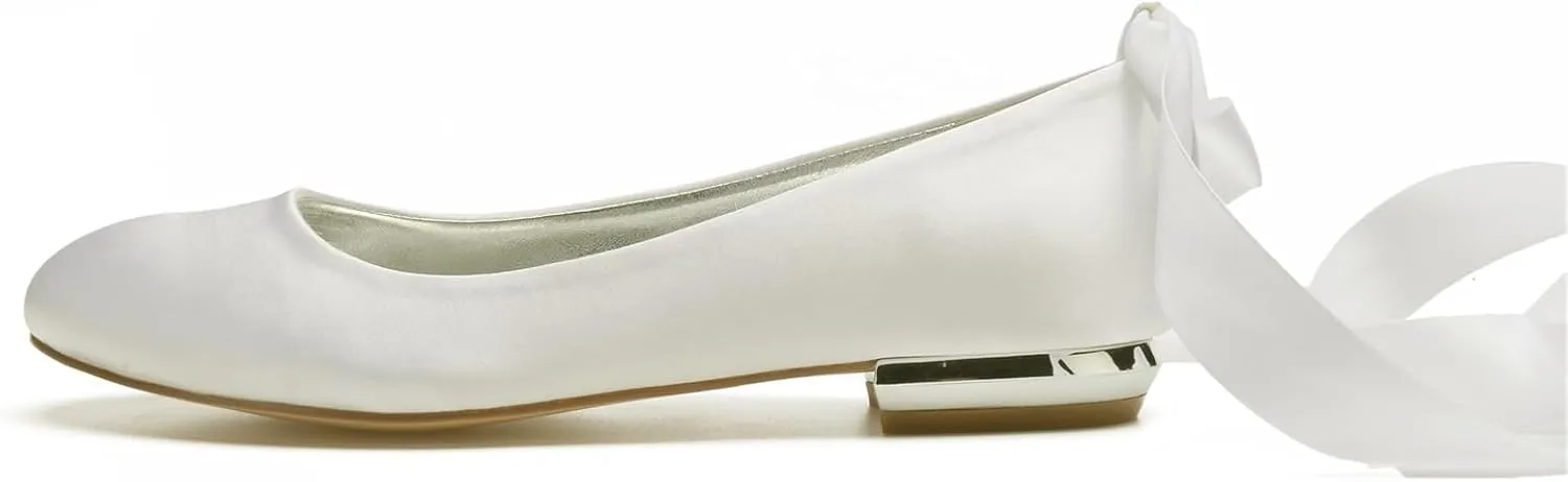 Women's Wedding Bridal Shoes Satin Flats Round Toe Wedding Bridal Party Dress Pumps Satin Closed Mouth Ribbon Ballerina Shoes