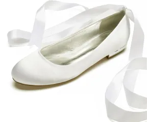 Women's Wedding Bridal Shoes Satin Flats Round Toe Wedding Bridal Party Dress Pumps Satin Closed Mouth Ribbon Ballerina Shoes