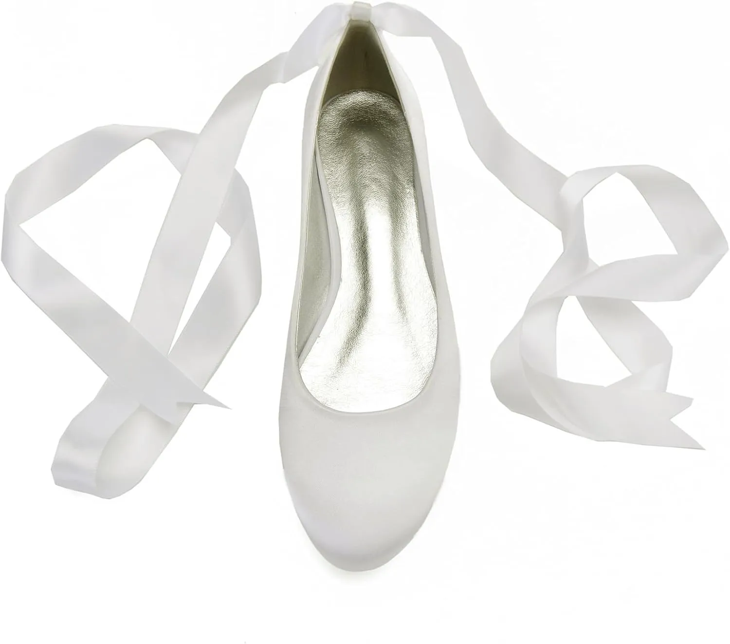 Women's Wedding Bridal Shoes Satin Flats Round Toe Wedding Bridal Party Dress Pumps Satin Closed Mouth Ribbon Ballerina Shoes
