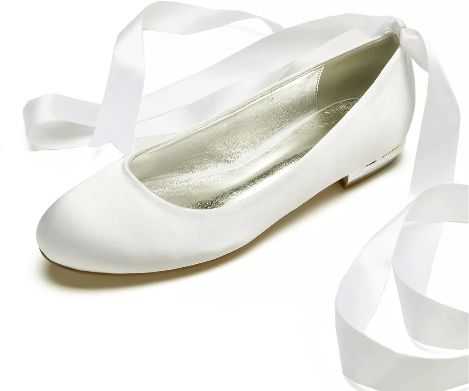 Women's Wedding Bridal Shoes Satin Flats Round Toe Wedding Bridal Party Dress Pumps Satin Closed Mouth Ribbon Ballerina Shoes