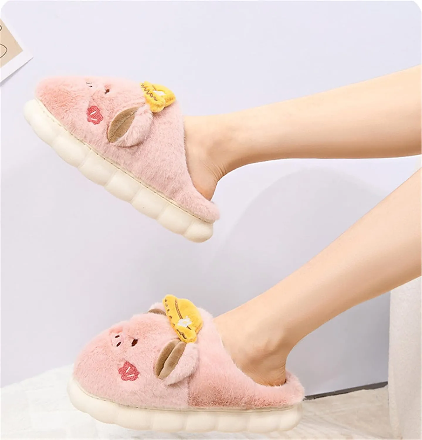 YILANLAN Women's Pink Pig Animal Slippers - Warm, Plush, Winter, Flat Heel, No Closure, Round Toe