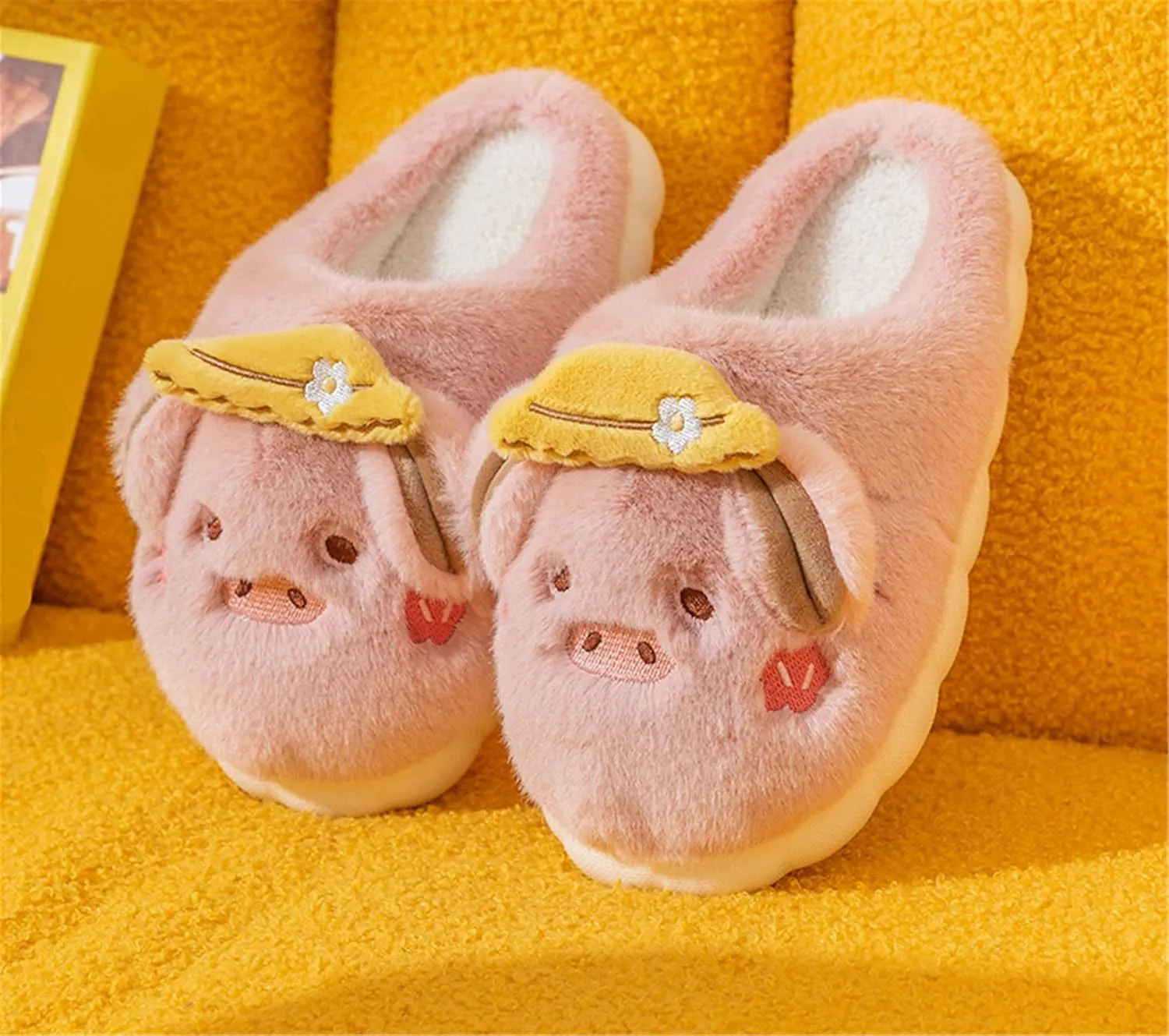 YILANLAN Women's Pink Pig Animal Slippers - Warm, Plush, Winter, Flat Heel, No Closure, Round Toe