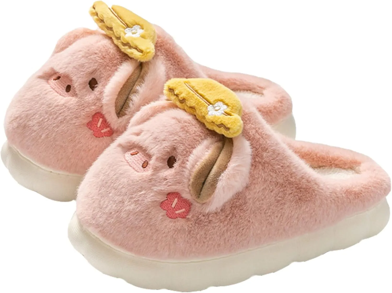 YILANLAN Women's Pink Pig Animal Slippers - Warm, Plush, Winter, Flat Heel, No Closure, Round Toe