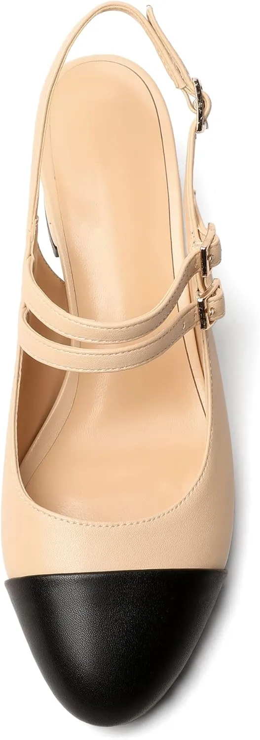 Zamikoo Women's Slingback Heels Round Cap Toe Low Block Heel Pumps with Adjustable Buckle, 2 Inches Heeled Sandals Office Dress Pumps Shoes