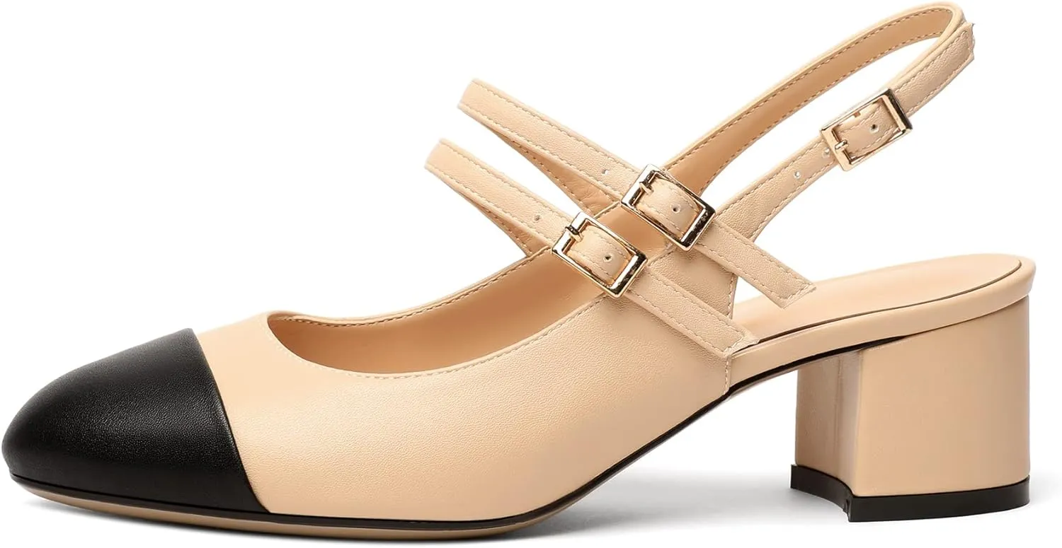 Zamikoo Women's Slingback Heels Round Cap Toe Low Block Heel Pumps with Adjustable Buckle, 2 Inches Heeled Sandals Office Dress Pumps Shoes