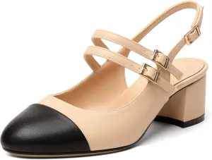 Zamikoo Women's Slingback Heels Round Cap Toe Low Block Heel Pumps with Adjustable Buckle, 2 Inches Heeled Sandals Office Dress Pumps Shoes