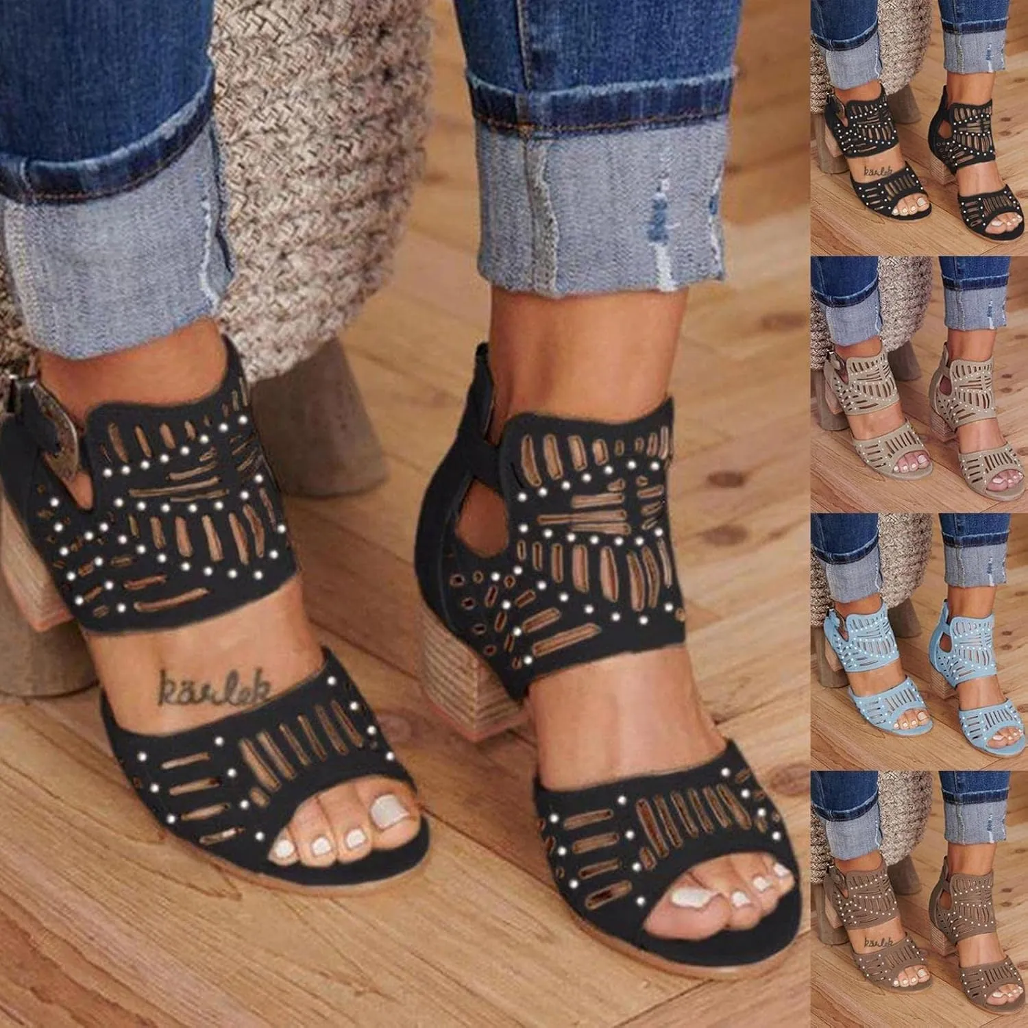 ZBYY Women's Ankle Strap Heeled Sandals Summer Platform Chunky Block Heel Sandals Cutout Peep Toe Heel Sandal with Zipper
