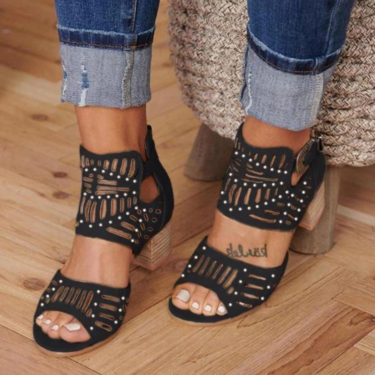 ZBYY Women's Ankle Strap Heeled Sandals Summer Platform Chunky Block Heel Sandals Cutout Peep Toe Heel Sandal with Zipper