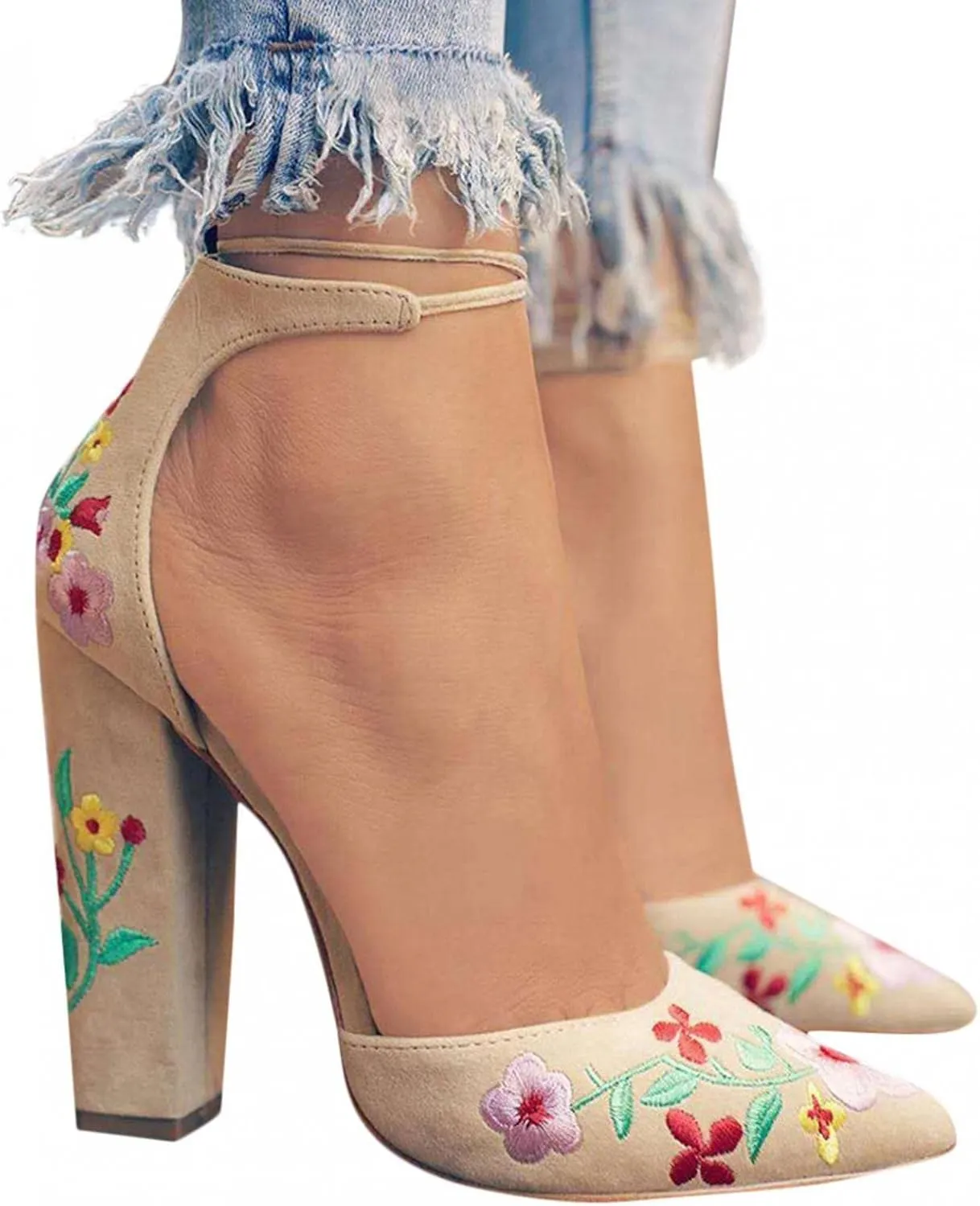 ZBYY Women's Heeled Sandals Embroidered Floral High Heels Pointed Toe Sandals Chunky Heel Lace Up Party Pumps Sandals