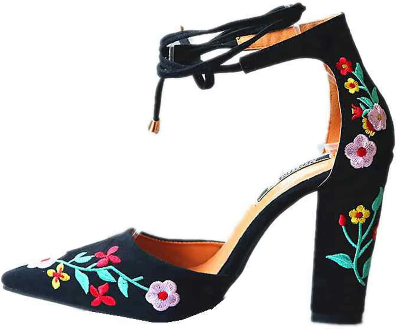 ZBYY Women's Heeled Sandals Embroidered Floral High Heels Pointed Toe Sandals Chunky Heel Lace Up Party Pumps Sandals