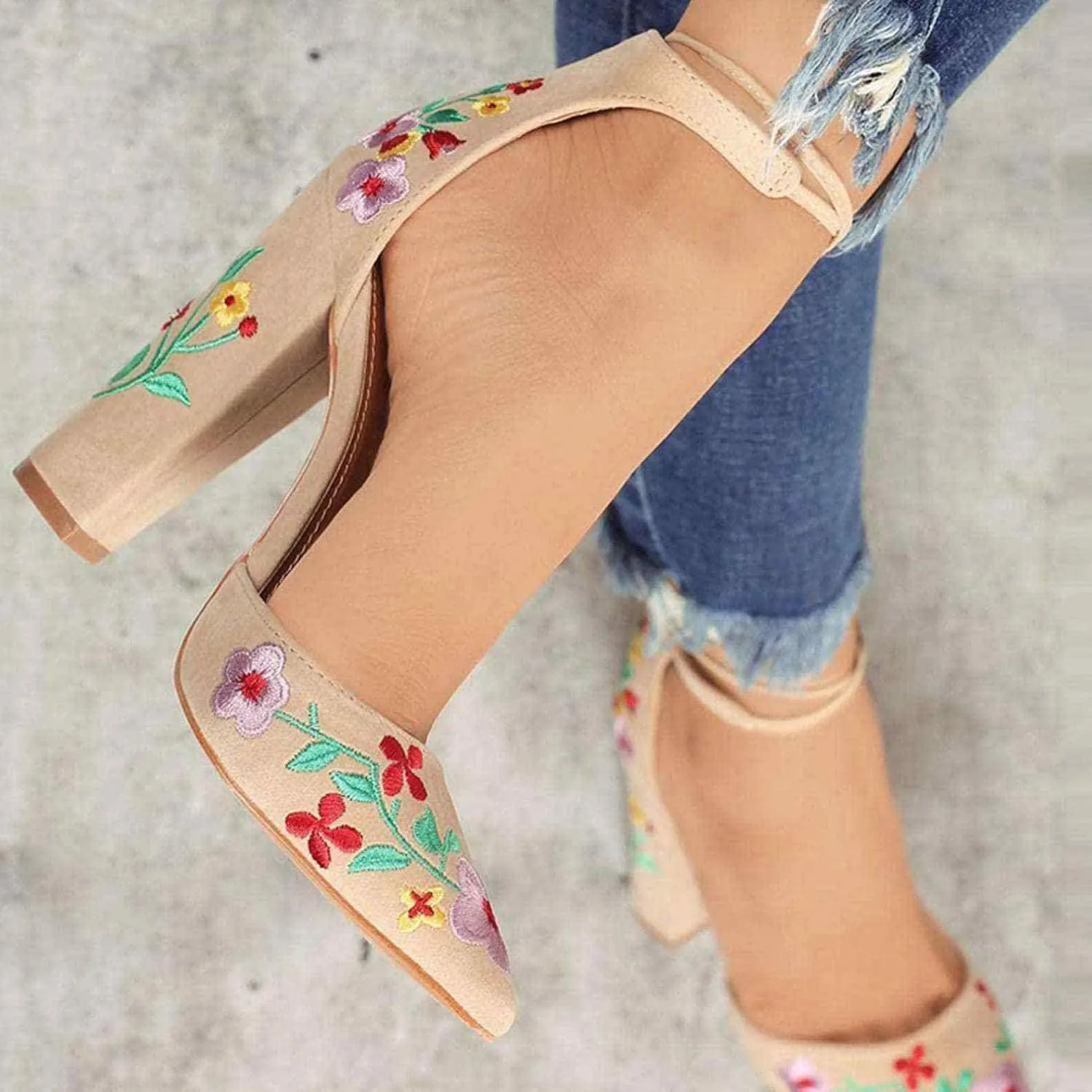 ZBYY Women's Heeled Sandals Embroidered Floral High Heels Pointed Toe Sandals Chunky Heel Lace Up Party Pumps Sandals